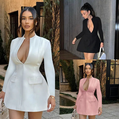 Sexy Fitted V-Neck Long-Sleeve Dress Elegant Solid Color High-Waist Pencil Skirt New Stylish Autumn/Winter Women's Banquet Dress
