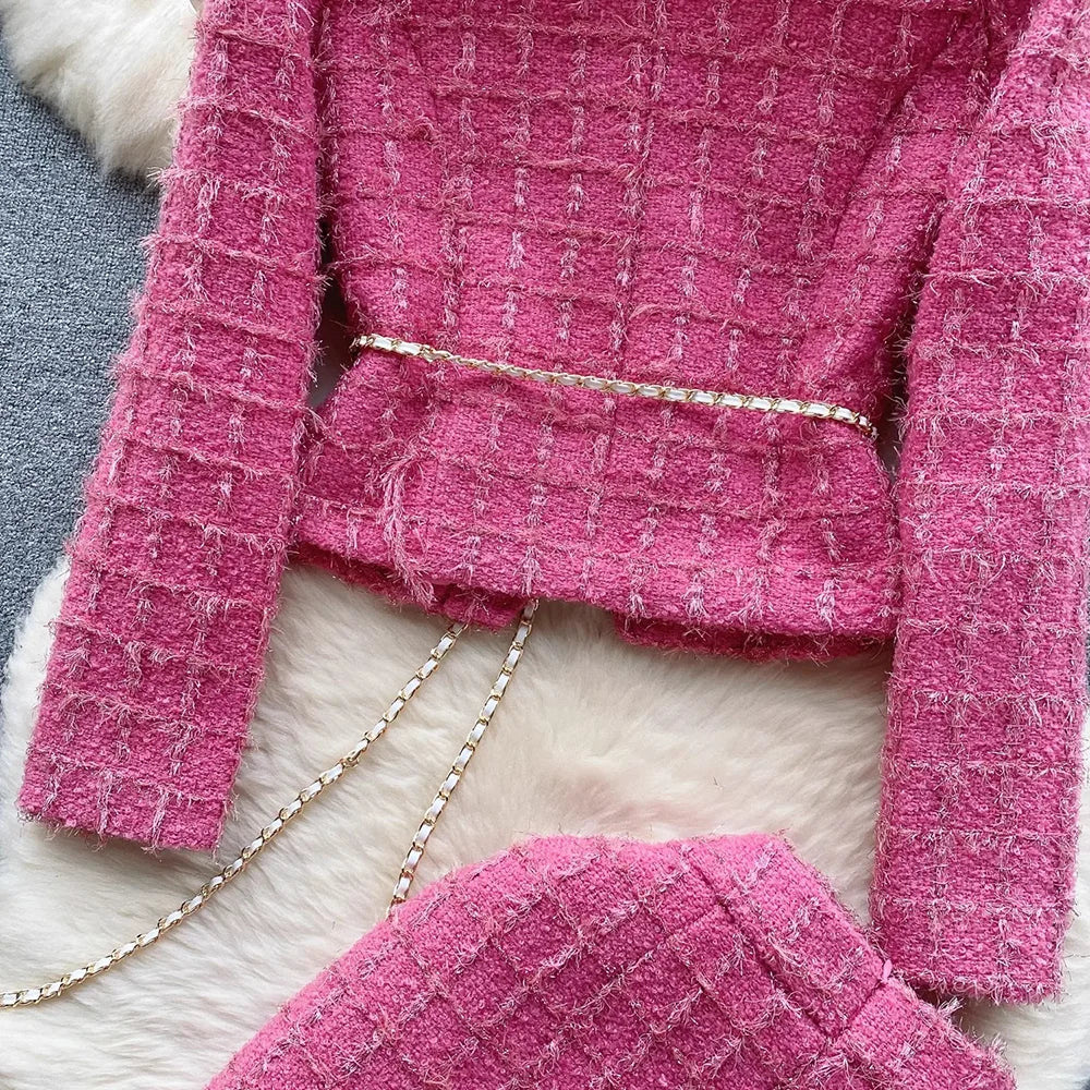 Modphy Autumn Fashion Rose Red Woolen Two Piece Set Women Golden Button Chain Belt Tweed Short Jacket Coat+Split Midi Skirt Suit