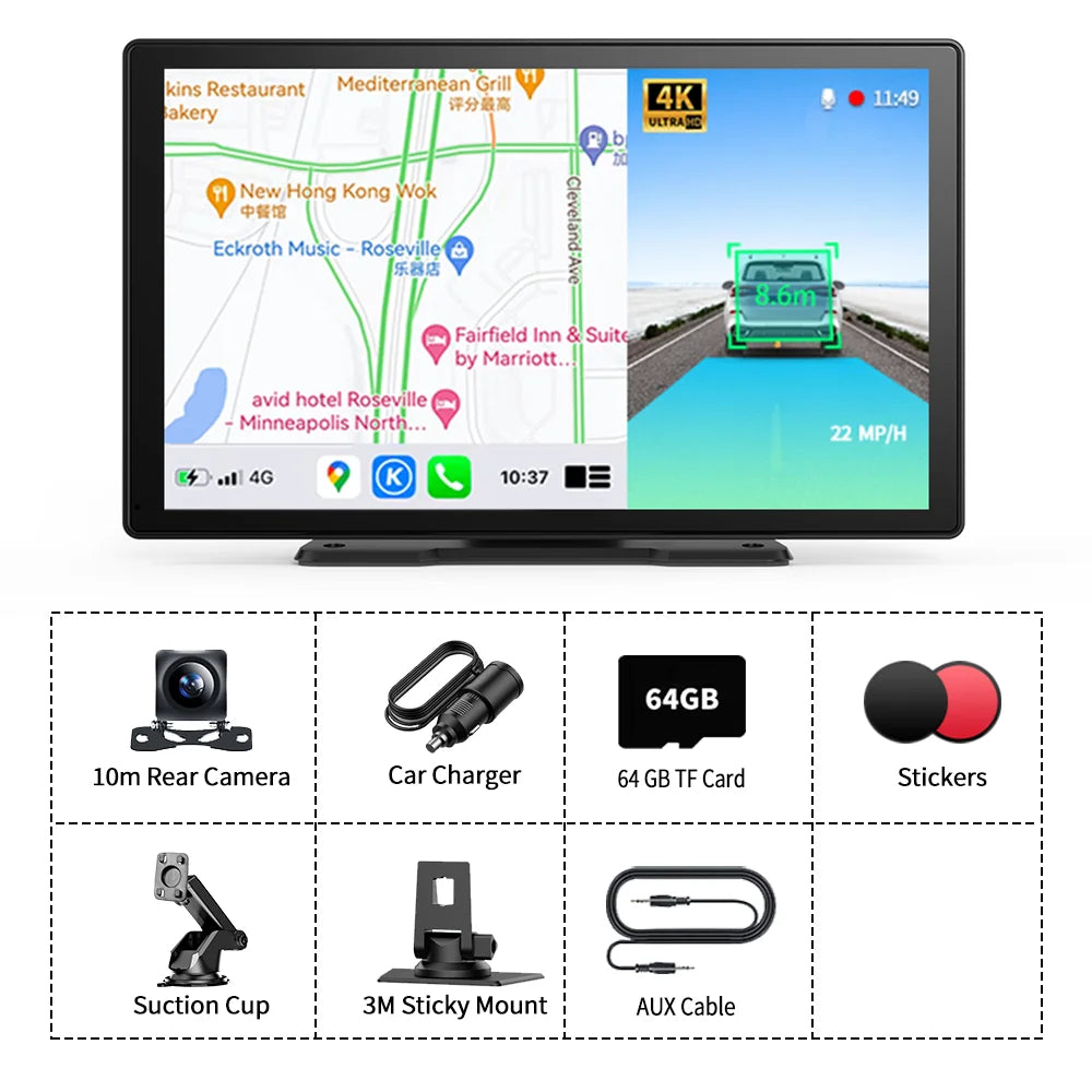 9'' Imagebon A8Pro ADAS Wireless Carplay & Android Auto Dash Cam 4K Rearview Camera 24h Park Monitor GPS Navigation Car DVR