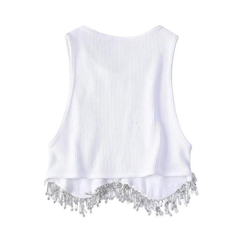 High Street Sexy Hem Tassel Diamond Beading Knitting T Shirt Chic Short Camis Tank Lady Slim Crop Vest Tops