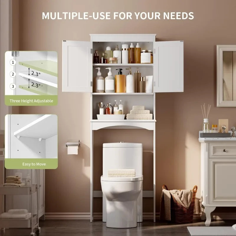 The Toilet Storage Cabinet with Adjustable Shelf and Double Doors Bathroom Space Saver Organizer Above Toilet with Open Shelf