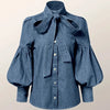 Gymystars New Trendy Imitation Denim Blouse Tops for Women Long Puff Sleeves Bow-Embellished High Neck Women's Autumn Shirts