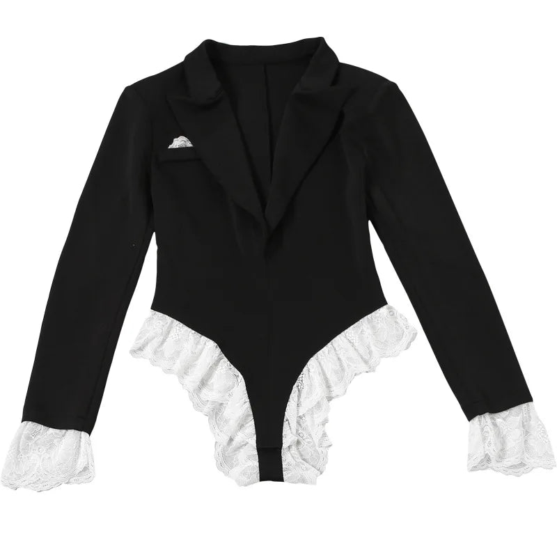 Joskaa Women Lace Patchwork Black Blazer Bodysuits Sexy Deep V-Neck Long Sleeve One Piece Rompers Coquette Midnight Clubwear