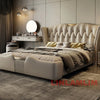 MINGDIBAO Luxury Modern Upholstered Bed Frame with Gold Accents, Genuine Leather Designer Bed, Queen/King Size Bedroom Furniture