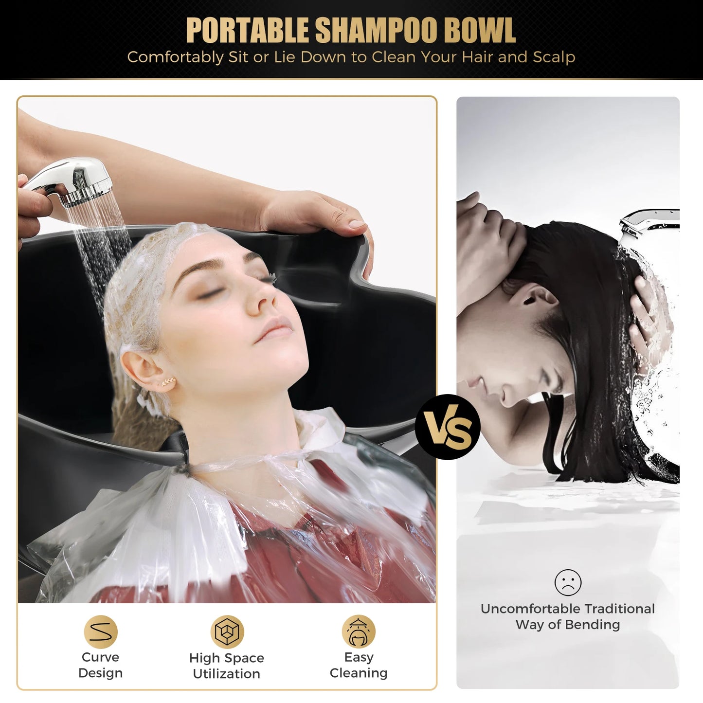 Portable Shampoo Basin with 2 Water Buckets 30cm Deep Salon Hair Washing Sink Adjustable Height Angle Mobile Shampoo Bowl Unit