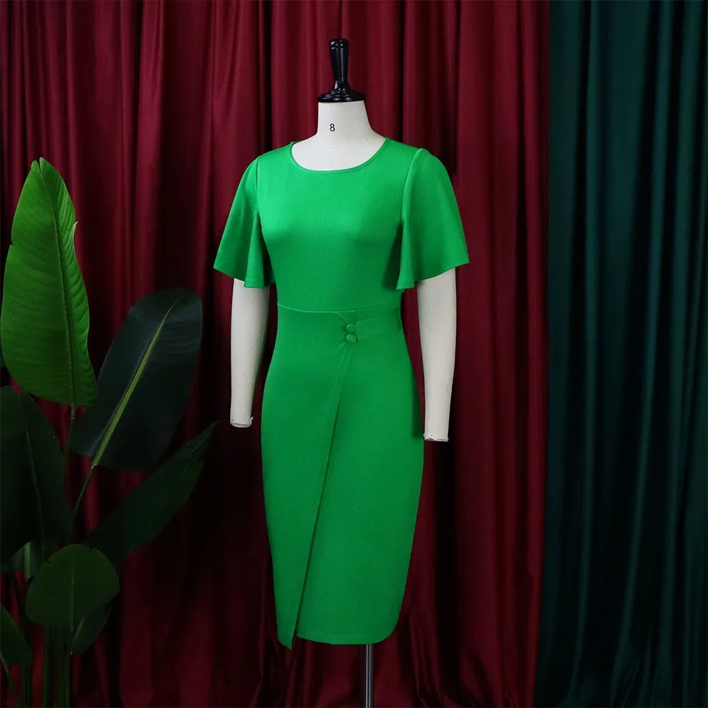 Dress Women Mid Length Dresses Green Slim Ruffles Bodycon Round Neck Short Sleeve Sexy Elegant Party High Waist Vestidos