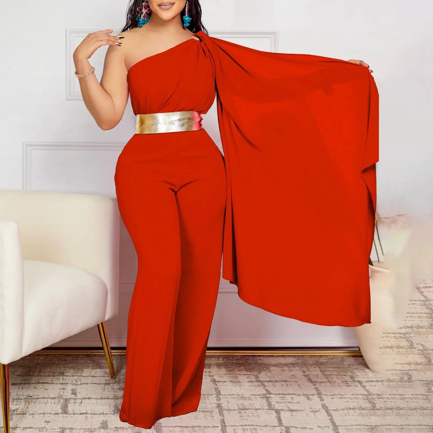Elegant Women One Shoulder Jumpsuit with Belt Long Sleeve Spring Summer Plus Size One Piece Fashion Sexy Ladies Rompers 2024