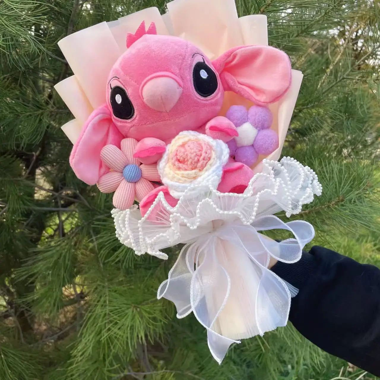 Catoon Stich Plush Doll Toy With Flowers Creative Handmade Bouquet Stuffed Animals Valentine Christmas Graduation Gift