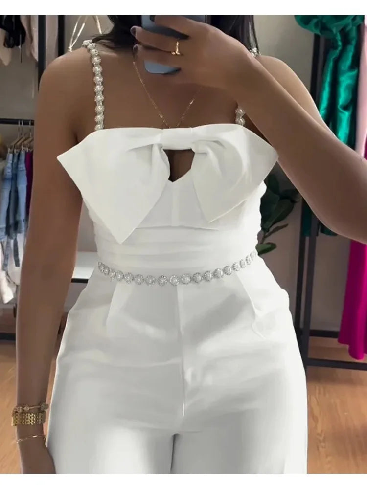 Spring New Jumpsuit Women Bandeau Beaded Spaghetti Strap Bowknot Design Ruched Slim Fit Elegant Wide-Leg Overall Female Jumpsuit