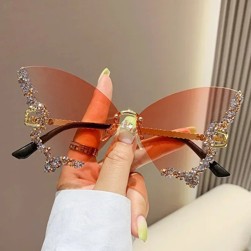 Rimless Sunglasses Women Luxury Brand Rhinestone Sun Glasses Ladies Cute Heart Shape Punk Party Eyewear очки від сонця женские