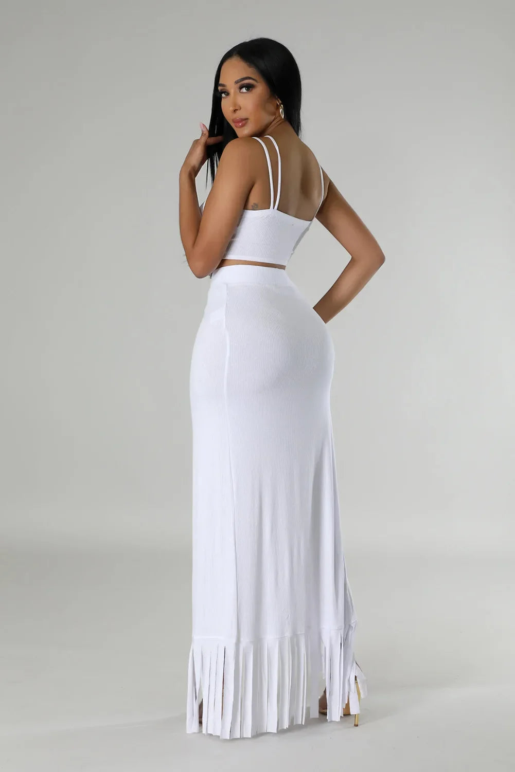CM.YAYA Summer Women Sets Sleeveless Sexy Strap Crop Top and Tassel Long Skirt Sets Night Club Party Beach 2 Two Piece Sets
