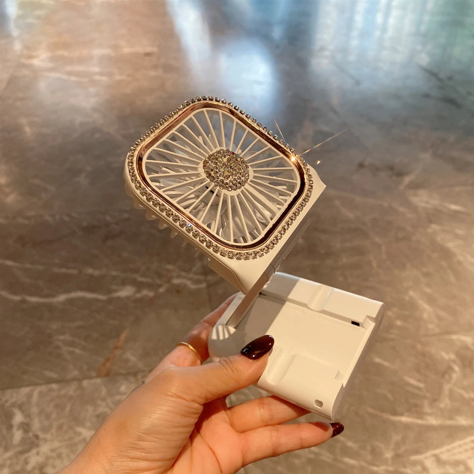 USB Folding Portable Mini Charging Small Fan Rhinestones Handheld Desktop Stand for Student Office Universal Cooling Ventilador