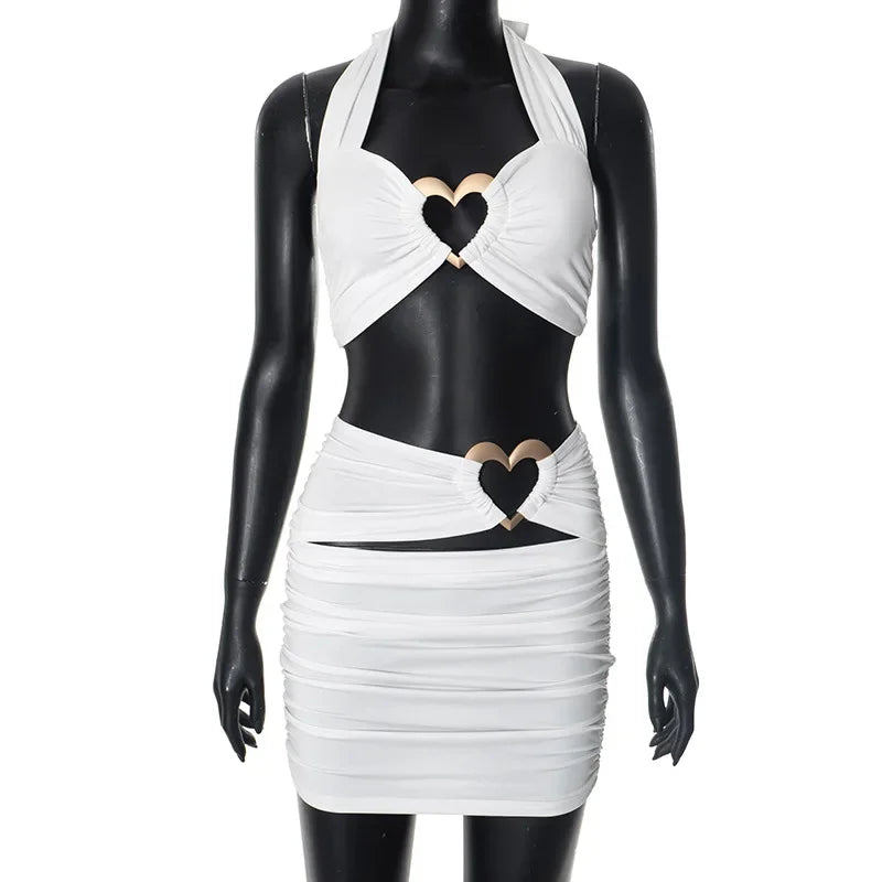 Sexy Metal Loving Heart 2 Piece Dresses Sets Halter Bandage Corset Tops and Mini Skirts Night Club Outfit White Black Streetwear