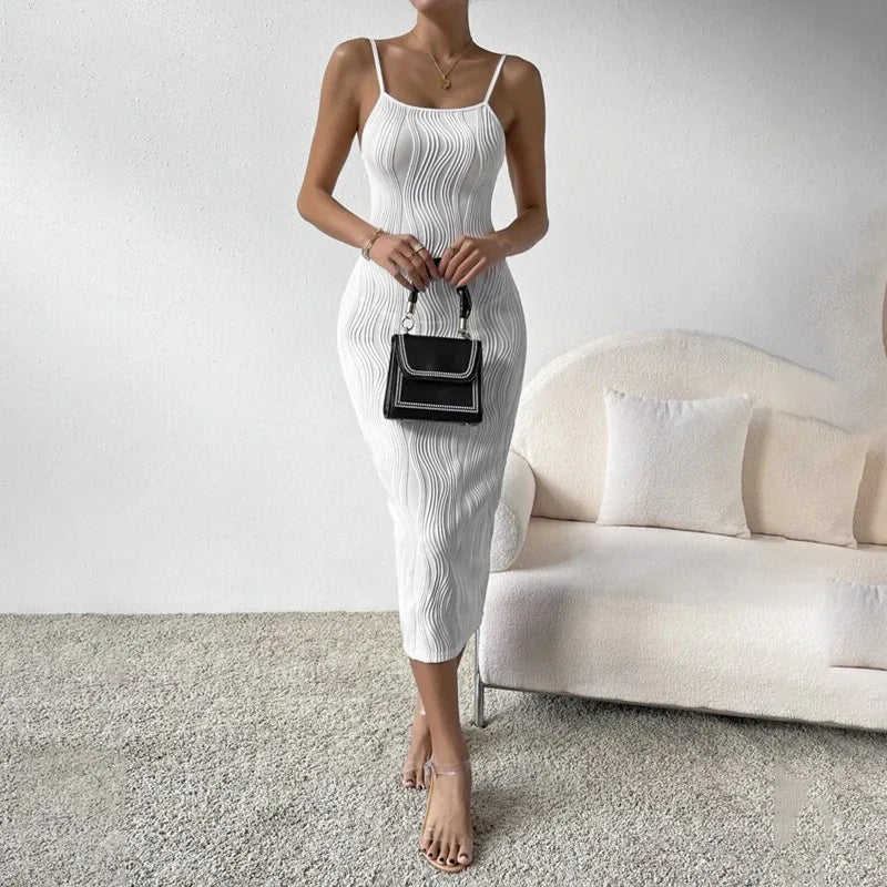 Elegant White Sling Dress Women Backless Sexy Long Dress Beach Vacation Solid Dresses Spring Summer Versatile Base Skirt