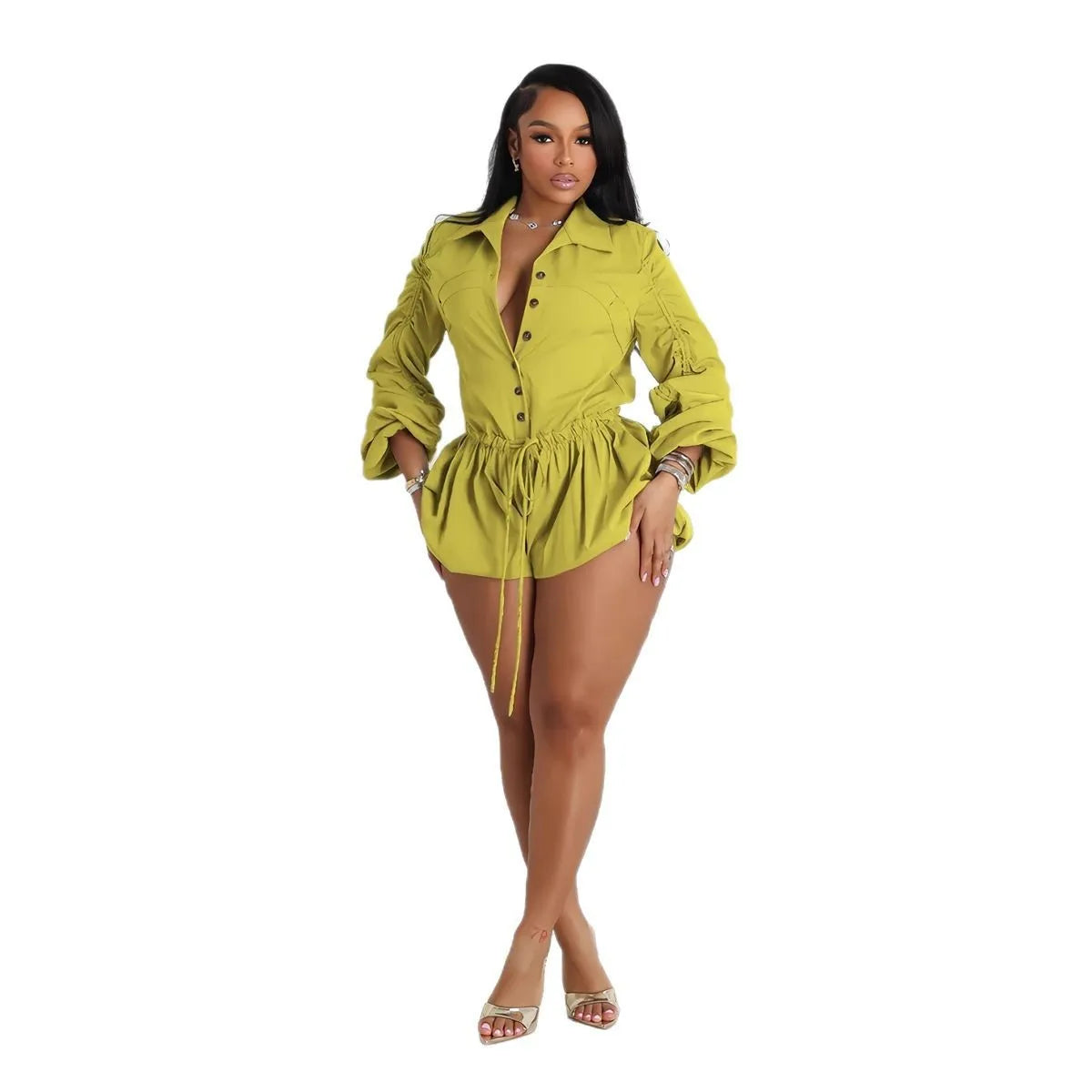 CM.YAYA Vintge Women's Blouse Style Ruched Up Long Sleeve Romper Playsuit 2025 Summer Streetwear Basic Overall Outfits Jumpsuits