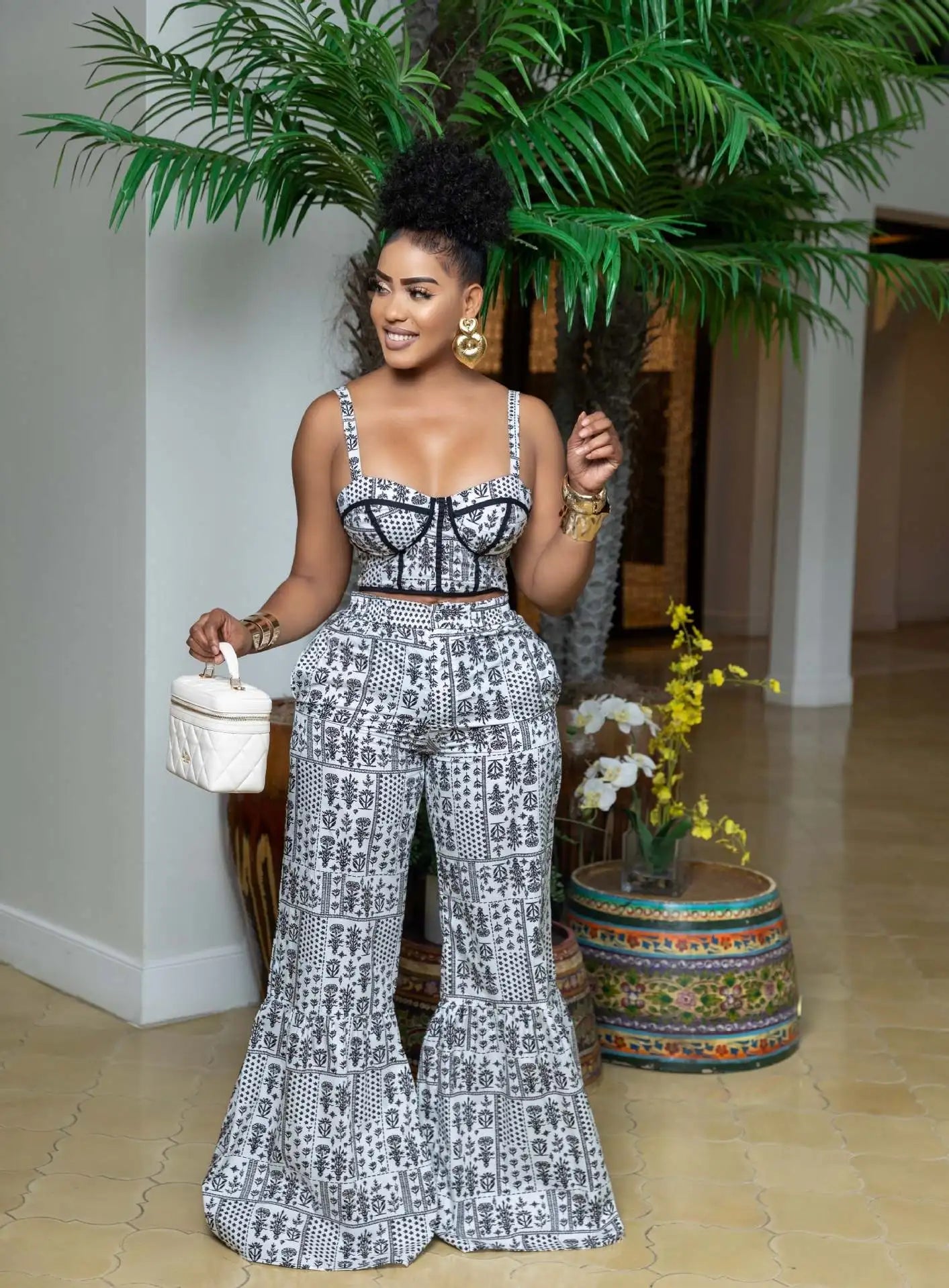 CM.YAYA Women's Set Print Strapless Bra Top and Flare Pants Suits 2025 Summer Street Party Two 2 Piece Sets Outfits Tracksuit