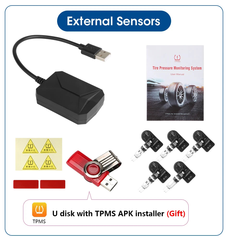 JMCQ USB Android TPMS Tire Pressure Monitoring System Display Alarm System Internal External 5 Sensors For Car Navigation Radio