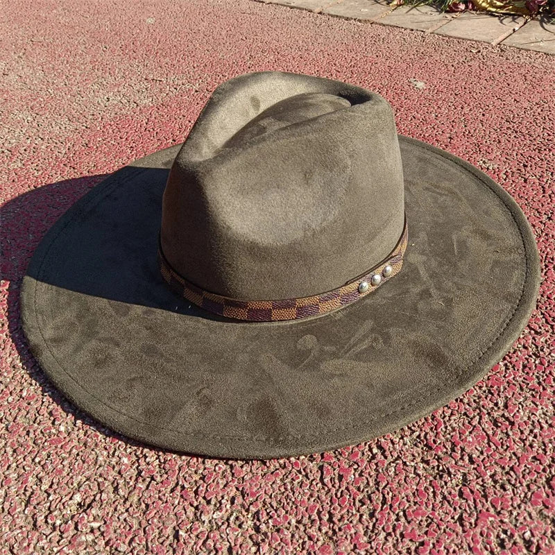 Fedora hat nubuck leather elastic webbing concave top wide brim hat for men and women autumn and winter hat  sombrero hombre