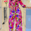 2024 Spring Summer New Long Sleeved Printed Suit For Women Fashion Lapel Single Breasted Shirt Wide Leg Trousers Two Piece Set