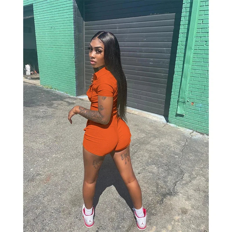 Streetwear Zipper Pockets Shorts Jumpsuit Women Clothing Short Sleeve Skinny Cargo Playsuit Summer Casual One Pieces Romper