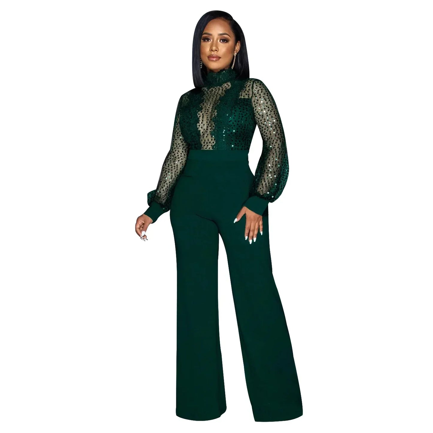 Fashion Women's Clothing Hollow Long-sleeved Loose Wide Leg Jumpsuits Overall Pants Solid Color Sexy Lace