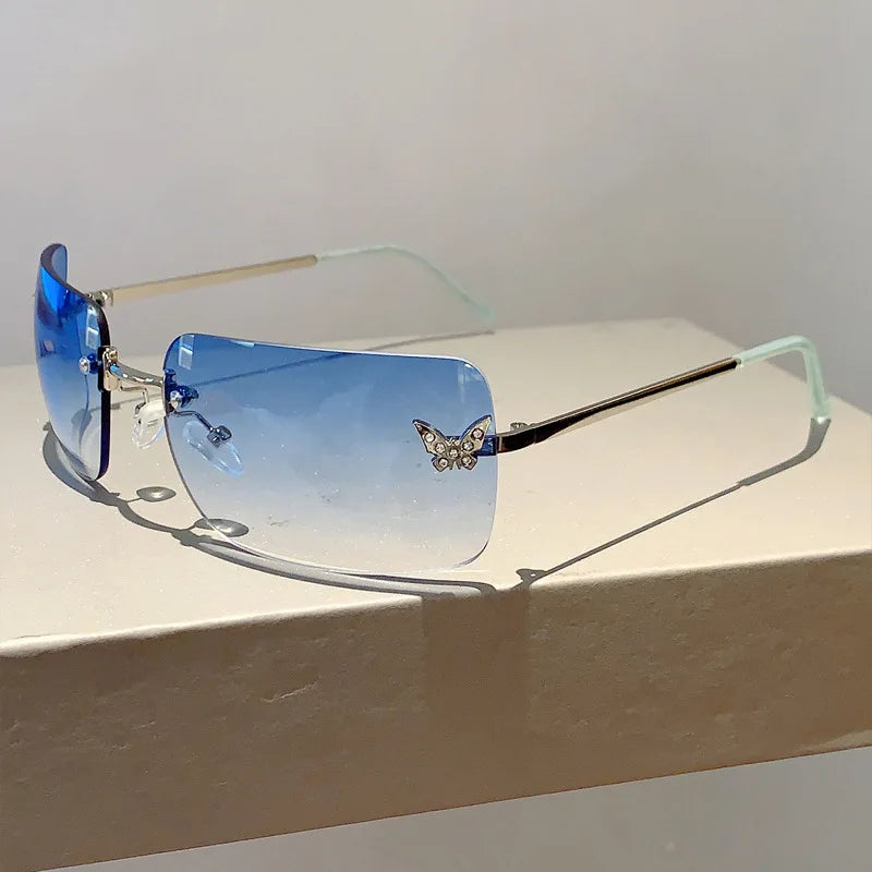 Y2K Luxury Brand Designer Rimless Square Sunglasses Women For Female Trendy Sun Glasses Diamond Butterfly Pink Punk Shades UV400