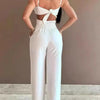 2024 Summer Fashion White Jumpsuit Women Floral Pattern Shirred Hollow Out Casual Asymmetrical Neck Pocket Backless Jumpsuits
