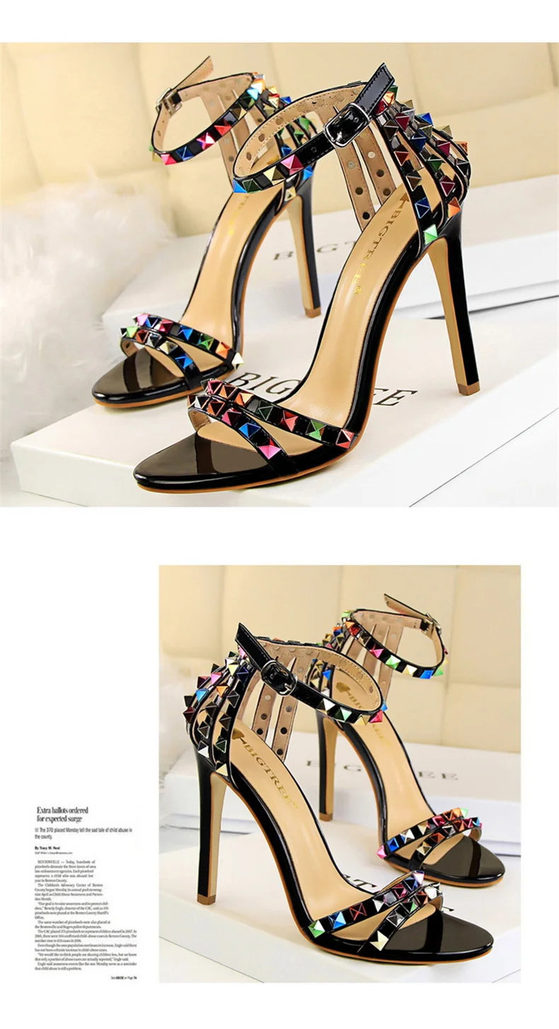 Summer Women Roman High Heels Rivets Studded Sandals Stiletto Gladiator Pumps Open Toe Luxury Shoes Hollow One-word Buckle 267-2