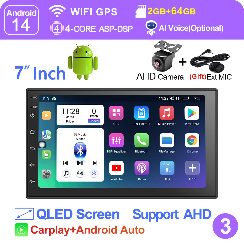LEHX 7" 2Din MP5 Video Carplay & 4Core Android 14 Car Radio Audio Androidauto Carplay 4G GPS WIFI Automotive Multimedia Player