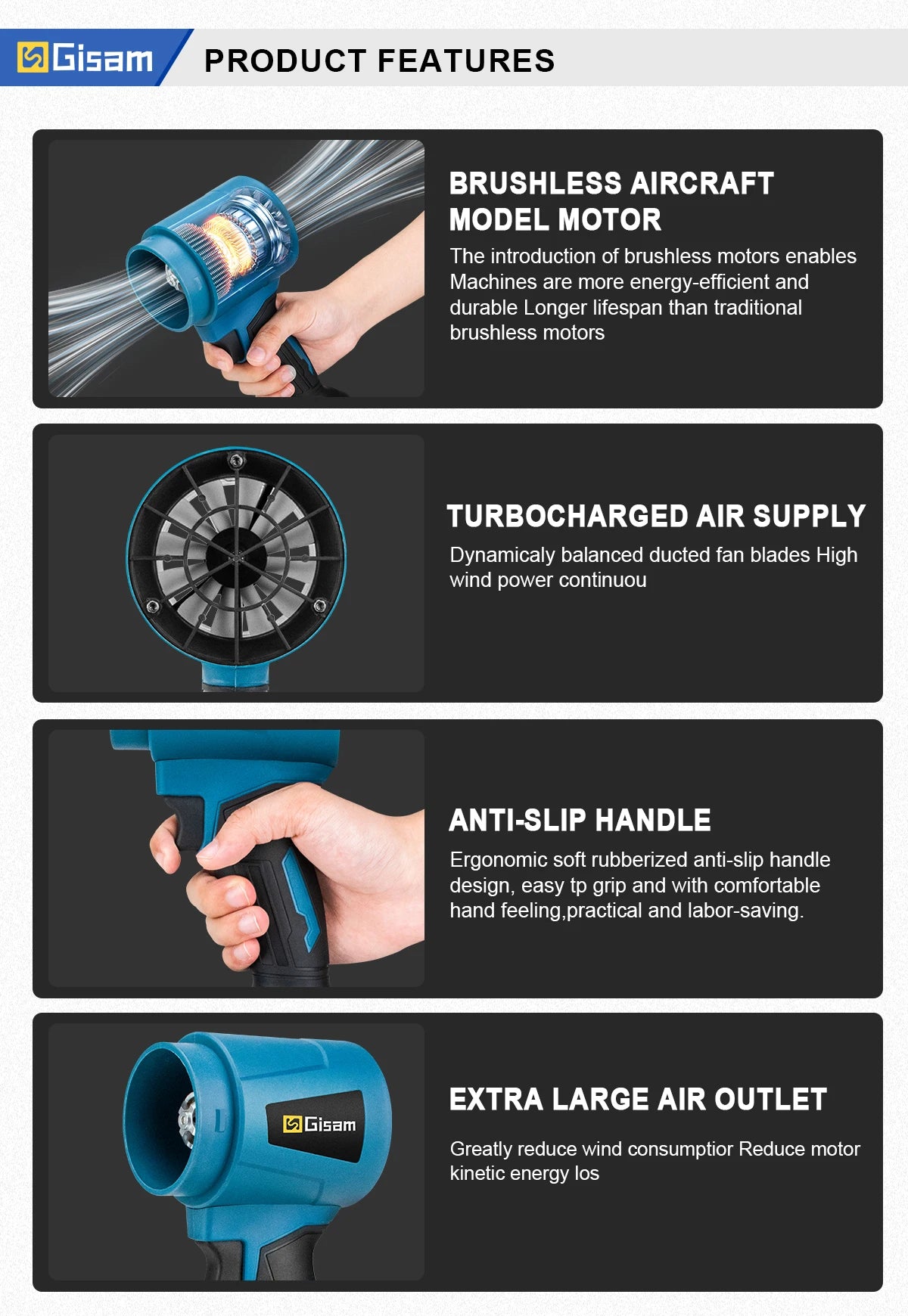 Gisam 300000RPM Brushless Electric Turbo Blowers Jet Fan 400M/S Handheld Leaf Blower Dust Blowing Tool for Makita 18V Battery