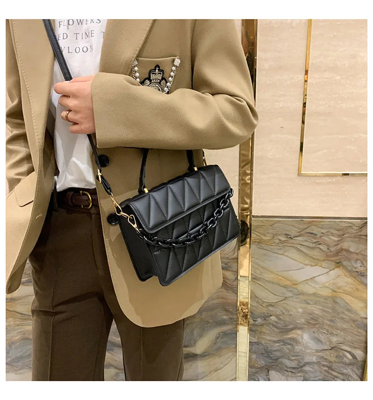 Solid Plaid Crossbody Bags For Women, Chain Decor Fashion Shoulder Bag Ladies Handbag For Daily Used