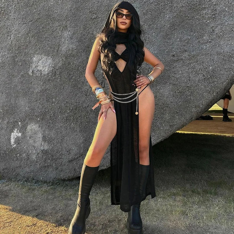 OMSJ Women Gothic 2024 Black Hooded Knitted High Split Long Dress Hollow Sexy See-through Straight Dress Festival Rave Club Wear