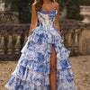 Cathy Customize Strapless Floral Print Tiered Ruffle Prom Dress Side High Split vestidos de noiva Floor-Length Evening Dresses