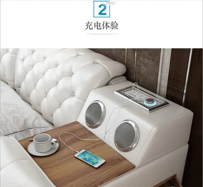 MANBAS Tech Smart Multifunctional Bed Frame with Genuine Leather, Bluetooth Speaker, and Massager Ultimate Soft Lit Tatami Camas