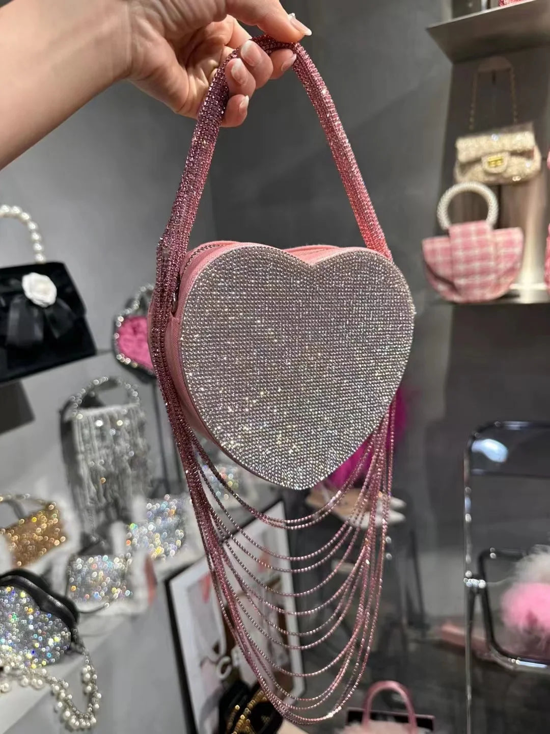 Bling Tassel Heart-shape Satin Bag Glitter Rhinestone Diamond Evening Bag Women Handbag Wedding Party Clutch Purse Crossbody Bag