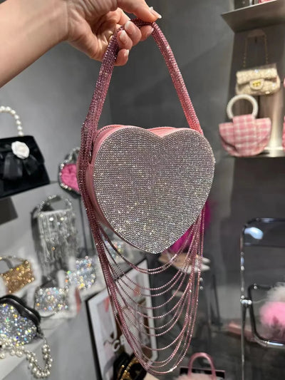 Bling Tassel Heart-shape Satin Bag Glitter Rhinestone Diamond Evening Bag Women Handbag Wedding Party Clutch Purse Crossbody Bag