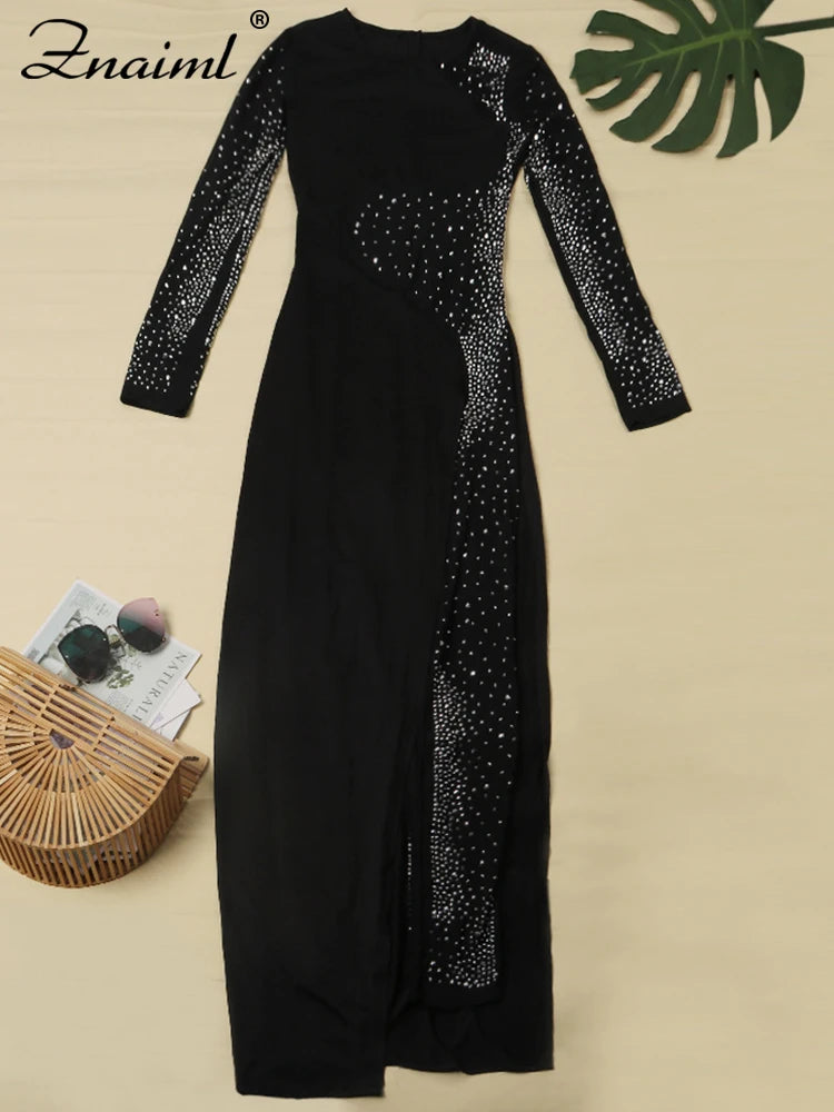 Znaiml Luxury Women Long Sleeve Sheer Mesh Patchwork Skinny Night Party Club Romper Overalls Birthday Sexy Rhinestone Jumpsuits