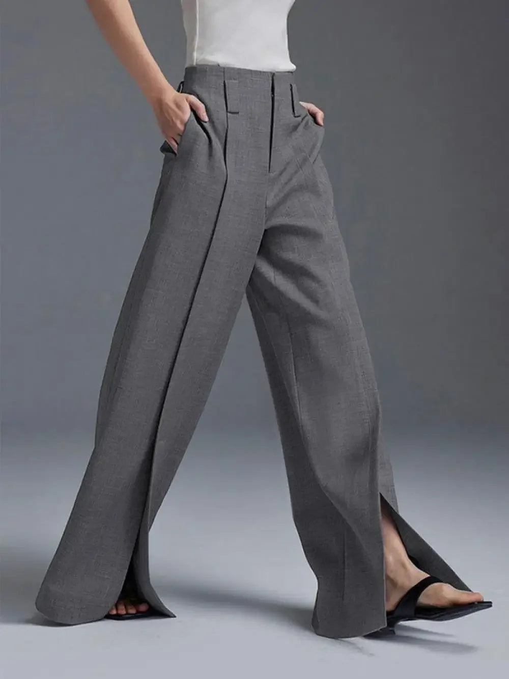 Yeezzi Urban Female Suit Pants 2025 New Fashion Black White Color Loose Straight Pant High-Waisted Pleated Split-Front Trousers