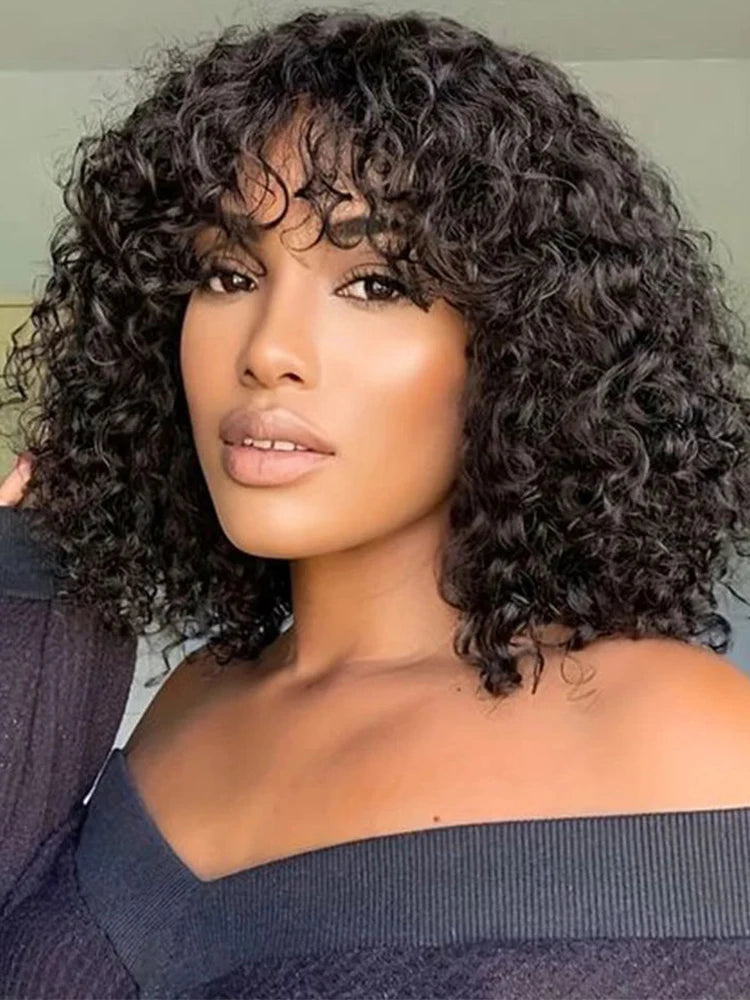 Fringe Bang Wig With Deep Wave Human Hair Water Wave Natural  Deep Curly Brazilian Hair Wigs 180% Density For Women