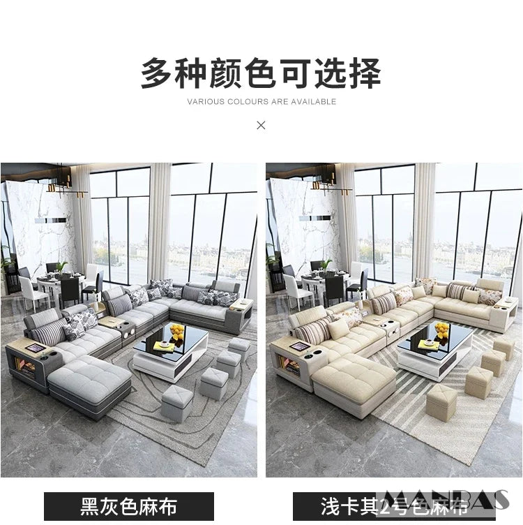MINGDIBAO Nordic Fabric Sofa Set with Bluetooth Speaker & USB - Modern Living Room Modular Sofas Big U Shape Corner Cloth Couch