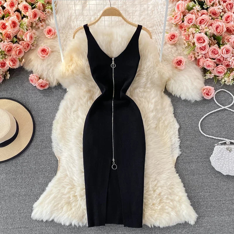 Zipple  2023 Sexy Summer Knit Strap Dress Women Tank Elatic Waist Bodycon Sundress Female Beach Split Backless Midi Dress