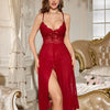 FOXWISH New Sexy Lingerie Pajamas Women's Nightwear Sleepshirts High Slit Thin Lace Mesh Nightdress Sleep Dress Red Nighty