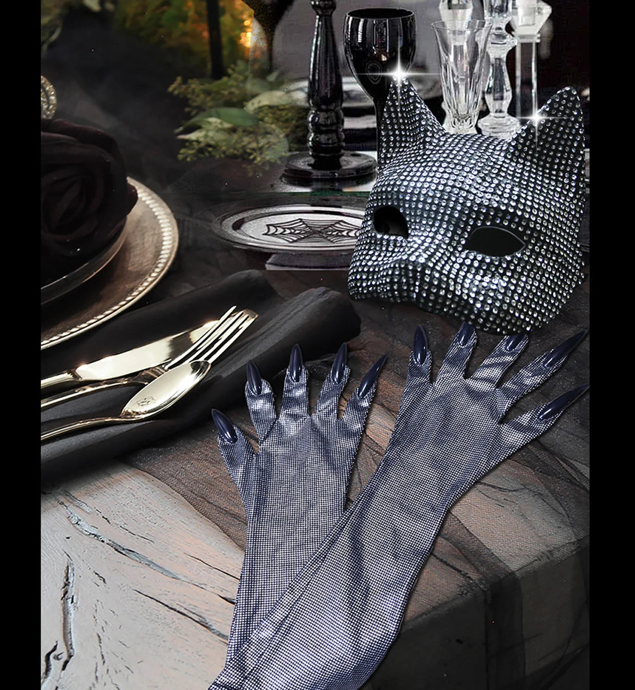 Shiny Cat Ear Masks Cosplay Halloween Party Costume Accessories Long Gloves Sexy Bling Kitten Half Masks