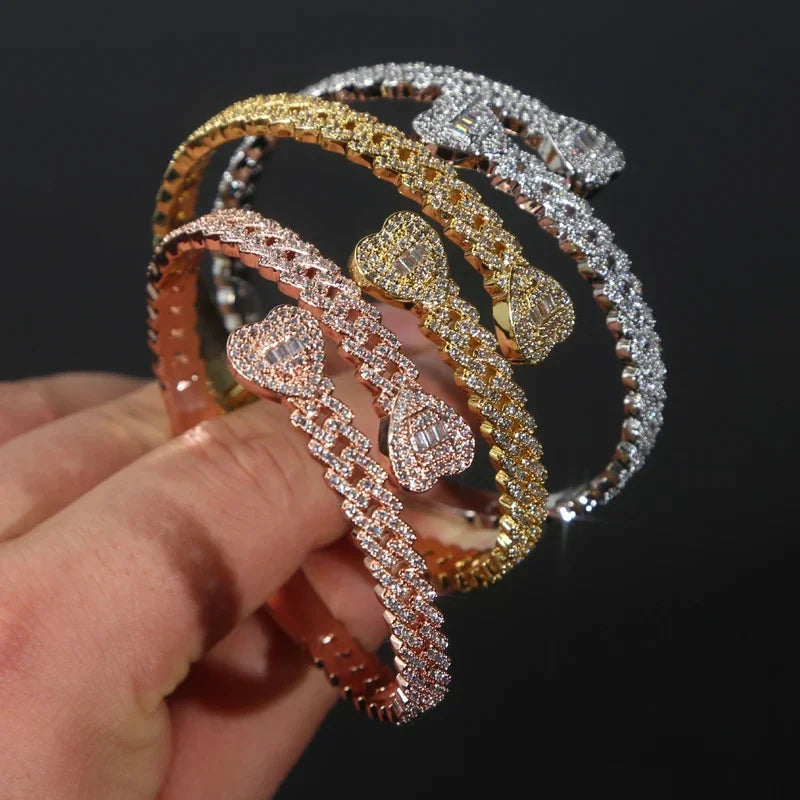 Iced Out Cuff Bangle Paved Setting Bling Cz Cubic Zirconia Wrist Cuban Chain Link Bracelets Fashion Hip Hop Jewelry for Women