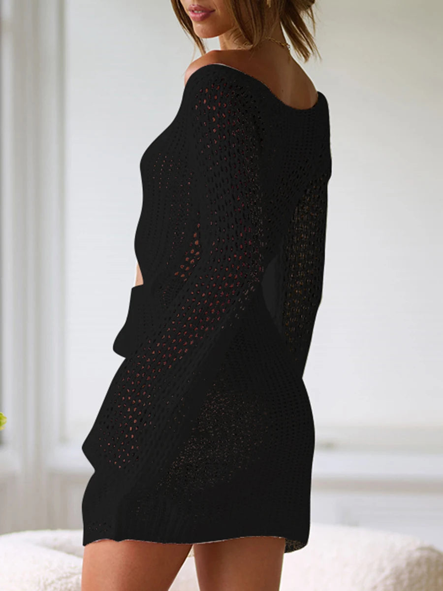 Mesh Crochet Long Beach Shirt Women Solid Cover Up Ladies Long Sleeve Hollow Out 2025 Sexy Beachwear Bathers Swim Bathing Suit