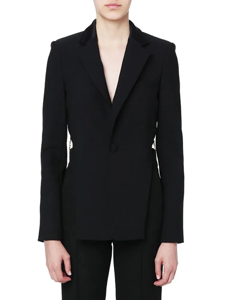 TWOTWINSTYLE Backless Spliced Button Blazers For Women Notched Collar Long Sleeve Patchwork Chain Chic Blazer Female Fashion New