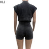 HLJ High Quality Women's Shorts Outfits Cotton Crop Jacket+Bodysuits 2 Piece Set Casual Vintage Two Piece Set Women's Spring New