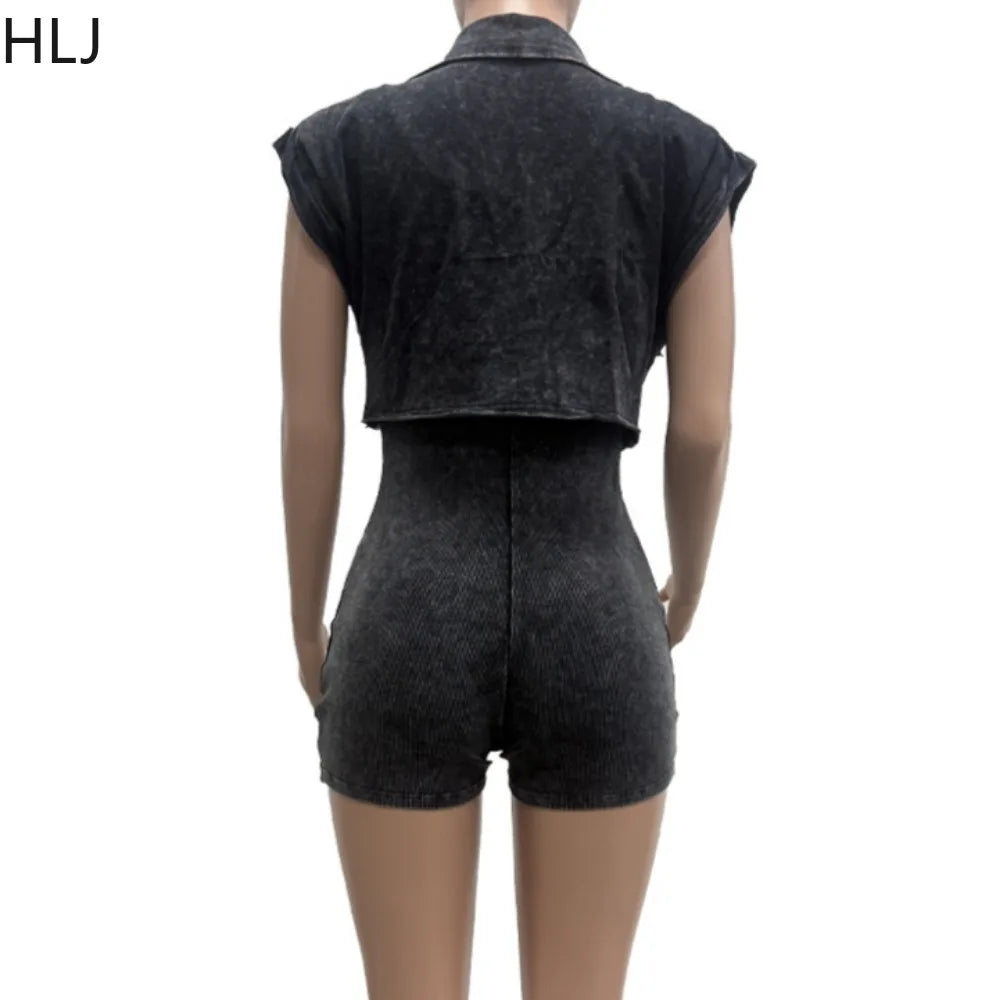 HLJ High Quality Women's Shorts Outfits Cotton Crop Jacket+Bodysuits 2 Piece Set Casual Vintage Two Piece Set Women's Spring New