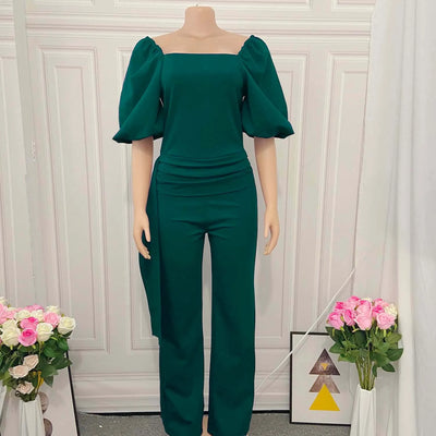Elegant Jumpsuits for Women Luxury Square Neck Lantern Sleeve Big Swing Straight Female Birthday Party Dinner Outfits Overalls
