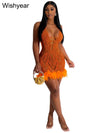 Elegant Luxury Sequins See Through Feather Mini Dress Celebrity Halter Backless Women‘s Sexy Birthday Party Nightclub Vestidos